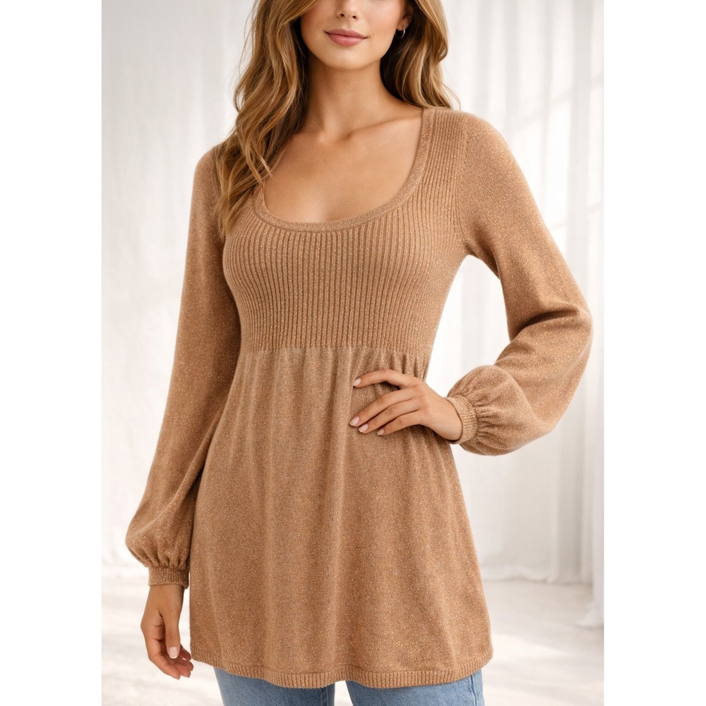 VTG Y2K Charlotte Russe‎ Gold Metallic Babydoll Ribbed Balloon Sleeve Knit Top L